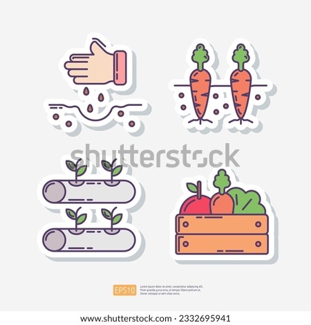 sow seed plan, carrot vegetable in soil, hydroponics farming, vegetables in wood box. Agriculture and farming sticker icon set. Vector Illustration Royalty-Free Stock Photo #2332695941