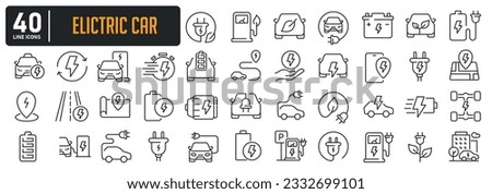 Electric car simple minimal thin line icons. Related charging station, battery, ecology, vehicle. Vector illustration.  Royalty-Free Stock Photo #2332699101