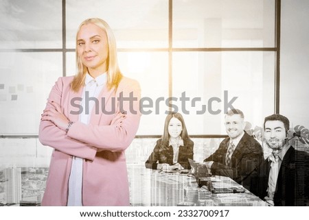 Double exposure of caucasian business manager with business team using laptop while discussing together with modern city background