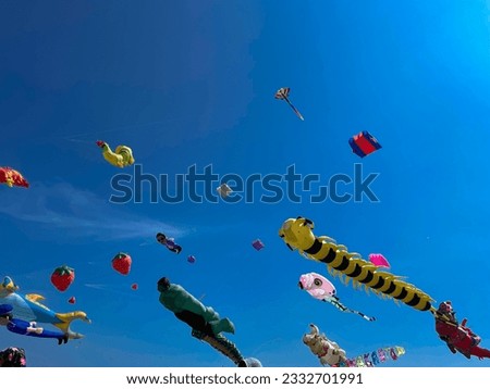 Various kites flying on the blue sky in the kite festival.