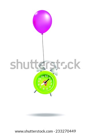 Green alarm clock is flying with balloon.