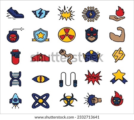 superhero color icons, mono vector symbols. Super Hero icon set. Super Hero Collection Elements Icons Set Vector Thin Line. Hero Superman Silhouette And Woman, Face Mask And Muscle Power Concept.