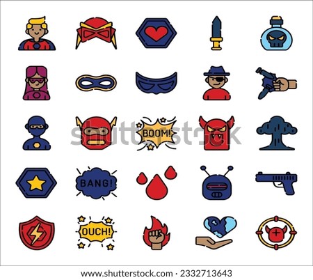 Super Hero Collection Elements Icons Set Vector Thin Line. Hero Superman Silhouette And Captain America, Face Mask And Shield Concept Linear Pictograms. Color Contour Illustrations. superhero badge