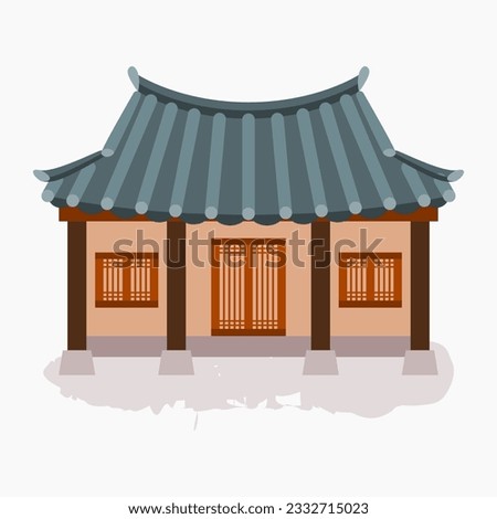 Editable Vector Illustration of Front View Traditional Hanok Korean House Building for Artwork Element of Oriental History and Culture Related Design Royalty-Free Stock Photo #2332715023