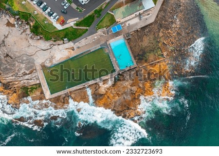 Panoramic drone aerial view over Dee Why rock pool, Northern Beaches Sydney NSW Australia