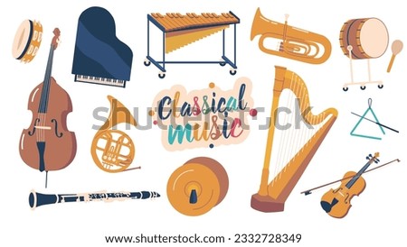 Set of Classical Musical Instruments. Tambourine, Grand Piano, Xylophone and Trumpet. Drum, Cello and Pipe with Plates