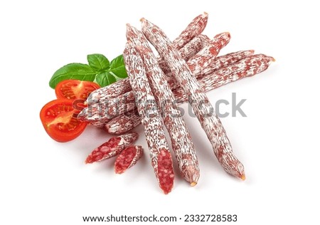 Cured salami sticks, isolated on white background Royalty-Free Stock Photo #2332728583