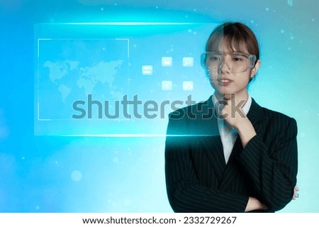 Asian businesswoman in black suit wearing vr glasses watching big data online. Business and technology concept.