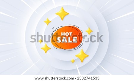 Hot sale banner. Neumorphic offer 3d banner, coupon. Discount sticker shape. Coupon bubble icon. Hot sale promo event background. Sunburst banner, flyer or poster. Vector Royalty-Free Stock Photo #2332741533