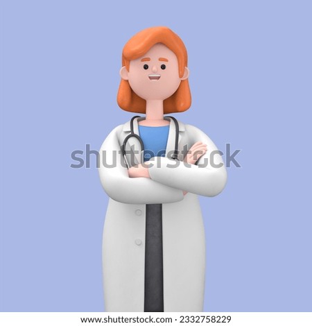 Close up portrait of Female Doctor Nova with arms crossed. Medical presentation clip art isolated on blue background
