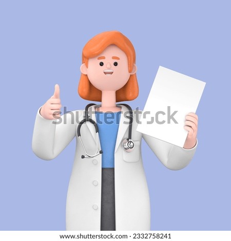 3D illustration of Female Doctor Nova holding placard with thumb up, Medical presentation clip art isolated on blue background
