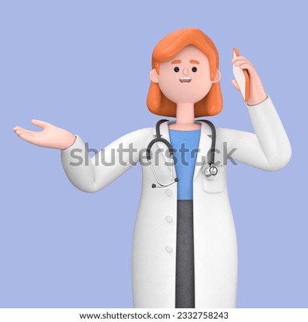 3D illustration of Female Doctor Nova talking phone, calling by telephone. Communication and conversation with smartphone concept. Medical presentation clip art isolated on blue background
