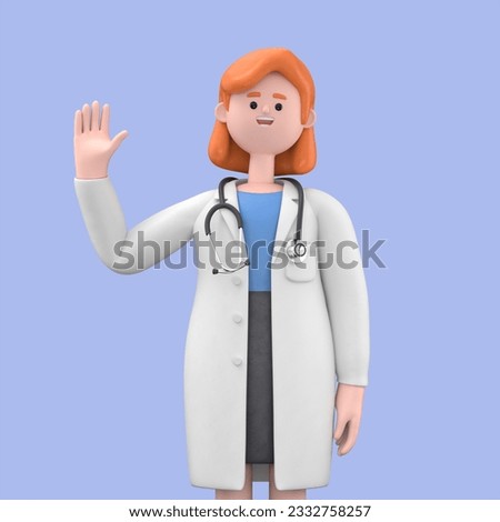 3D illustration of Female Doctor Nova waving hand. Portraits of cartoon characters smiling businessman saying hello,Medical presentation clip art isolated on blue background.
