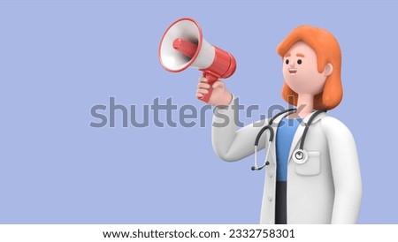 3D illustration of Female Doctor Nova making announcement with megaphone loudspeaker.Medical presentation clip art isolated on blue background.
