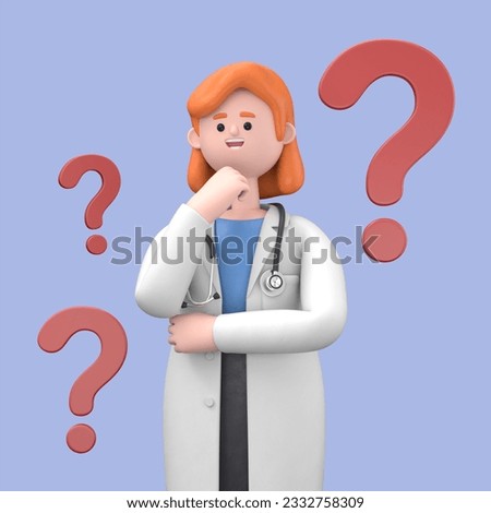 3D illustration of Female Doctor Nova doubts and questioning everything,by some question mark. Medical presentation clip art isolated on blue background.
