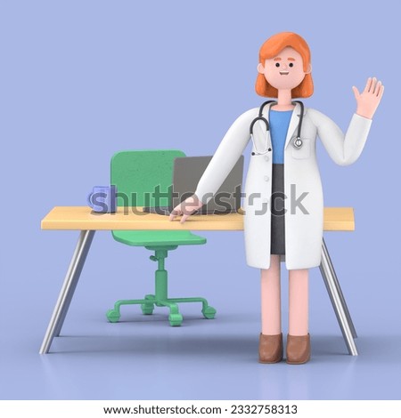 3D illustration of Female Doctor Nova working on computer in workplace.Medical presentation clip art isolated on blue background
