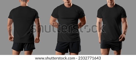 Black sports t-shirt template on an athlete, clothes on a muscular guy, front, back, for design. Set of shirts, product photography for commerce. Mockup of fashion apparel, isolated on background.