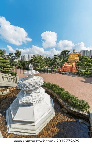 Pavilion in Chinese Temple - Chi Lin Nunnery in Hong Kong city Royalty-Free Stock Photo #2332772629