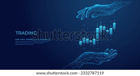 Abstract Human Hand Holding Candlestick. Stock Market and Investment Concept. Protection of Graph Chart on Technological Blue Background. Low Poly Wireframe Vector Illustration with 3D Effect.
