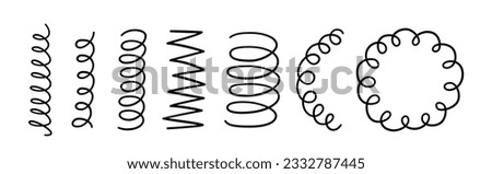 Hand drawn spiral springs set. Doodle flexible coils, wire spring symbols. Metal coil spiral icons. Vector illustration isolated on white background. Royalty-Free Stock Photo #2332787445