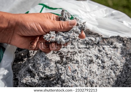 Cellulose insulation for walls and floors In hand. Recycled newsprint. Heat preservation and energy saving. Royalty-Free Stock Photo #2332792213