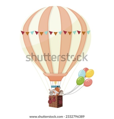 Cartoon hot air balloon with toy pets, fox, hedgehog, rabbit, adventure flight, trip, travel, journey, voyage. Creative flying transport, aircraft. Vector illustration, isolated on white background