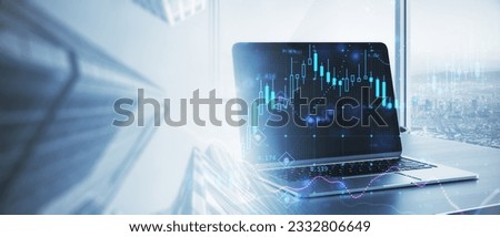 Wide image of office workplace with notebook and forex diagram on creative blurry city background with mock up place. Landing page background, trade, success and finance concept. Double exposure