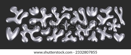 Chrome liquid 3d shapes in y2k style isolated on a black background. Render of 3d metal silver star, flower, heart and melt fluid form in aesthetic futuristic style. 3d vector y2k illustration Royalty-Free Stock Photo #2332807855