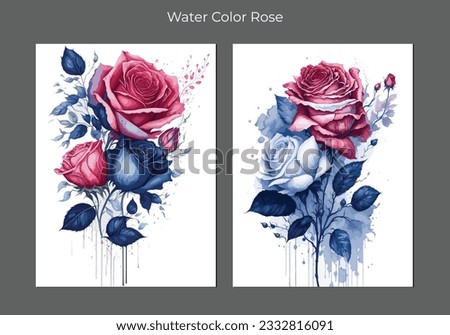 Watercolor rose painting set. Pink rose wallpaper. Blue rose flower. Set of floral drawings for invitation cards, wallpapers, greeting cards, background objects. Vector illustration.