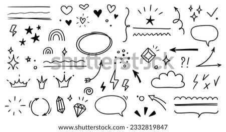 Sketch line arrow element, star, heart shape. Hand drawn doodle sketch style circle, cloud speech bubble grunge element set. Arrow, star, heart brush decoration. Vector illustration Royalty-Free Stock Photo #2332819847