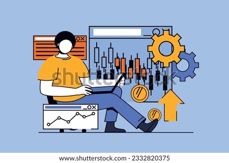 Stock market concept with people scene in flat design for web. Man analyzing financial markets, investing money and monitoring data. Vector illustration for social media banner, marketing material.
