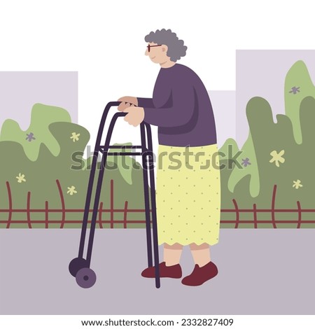 Elderly female walking near hospital with walker. Activities outdoors concept. Elderly human spending time at outside. Flat vector illustration in cartoon style