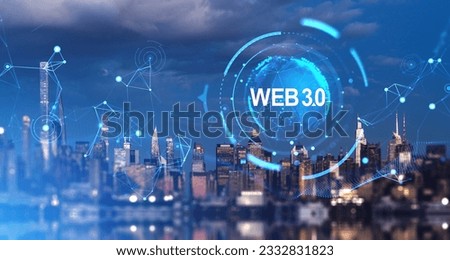 New York skyline at night, glowing digital worldwide connection with earth sphere and lines. Web 3.0 hologram hud. Concept of business trend and new futuristic technology