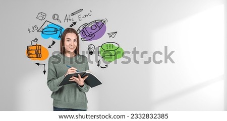 Young woman take note in notebook, educational icons doodle sketch with books and rocket flying on empty white shadow background. Concept of learning process, knowledge and studies Royalty-Free Stock Photo #2332832385