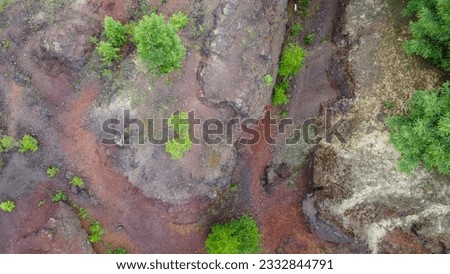 Aerial view of the long-extinct volcano vent surrounded by a small coniferous forest and meadows with cows and horses, high mountain range on a rainy summer day, color picture, 90