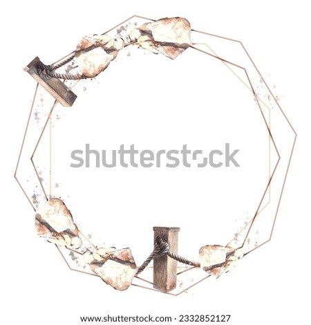 Watercolor maritime polygonal frame with bollard, rope, stone, splash Hand drawn illustration on a white background