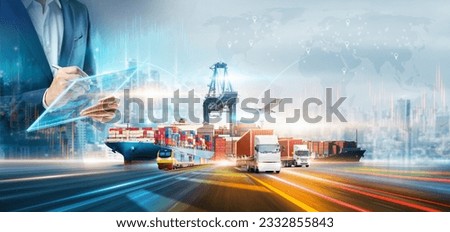 Innovation technology digital future of logistics freight transportation import export concept, Manager using tablet control online tracking cargo delivery distribution on city world map background Royalty-Free Stock Photo #2332855843