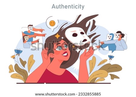 Positive psychology. Positive thinking and attitude. Optimistic mindset, self acceptance and well-being. Young woman authenticity, personality and self-expression. Flat vector illustration Royalty-Free Stock Photo #2332855885