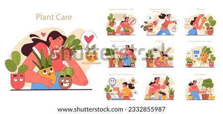 House plant care tips set. Character enjoy gardening taking care of potted house plants. Modern agricultural hobby, urban farming advice. Flat vector illustration Royalty-Free Stock Photo #2332855987