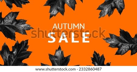 Letters AUTUMN SALE and black oak leaves on a orange background. Long banner. Royalty-Free Stock Photo #2332860487