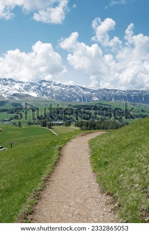 Natural pathway among landscape of Alpe de Suisse, The Seiser Alm with green meadows, lovely hill range with typical rocky mountains ridge of the dolomites plateau- South Tyrol, Italy