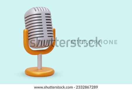 3D silver microphone on golden stand. Vintage studio and concert equipment. Vector banner on blue background. Podcasting symbol. Advertisement for studio equipment store