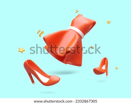 Women clothing and shoes. Advertising poster in cartoon style. Floating 3D objects on blue background. Dress, high heeled shoes, sequins, stars. Modern fashion Royalty-Free Stock Photo #2332867305