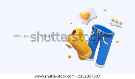 Online shopping. 3D yellow t shirt, blue jeans. Icons of comments, likes, text. Customer reviews, rating. List of favorite products. Cute advertising concept for clothing store, website Royalty-Free Stock Photo #2332867307