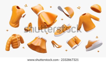 Set of realistic clothes, shoes, hats. Yellow items of men and women wardrobe. Cute image with stars, rays. Color illustration in cartoon style. Sports and classic clothes Royalty-Free Stock Photo #2332867321