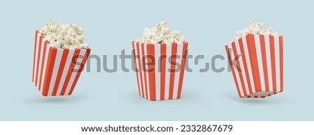 Striped square paper box with popcorn. Set of color realistic images. Classic fast food for cinema, movie. Snacks with different flavors. Vector image with shadows Royalty-Free Stock Photo #2332867679