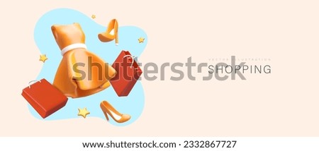 Advertising online store, boutique, showroom. Shopping via Internet. 3D color vector illustration. Dress, women shoes, bags. Shopping time. Flyer, booklet, banner template with text Royalty-Free Stock Photo #2332867727