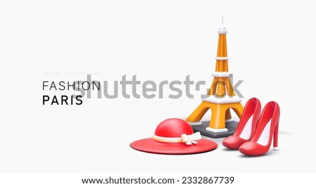 Fashion Paris. Realistic Eiffel Tower, hat, high heels. Color advertising of shopping tours in capital of France. Vacations with visits to fashion shows, boutiques, and shops Royalty-Free Stock Photo #2332867739