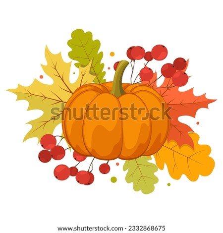 Hand drawn autumn clip art. Pumpkin, guelder rose and colorful leaves.