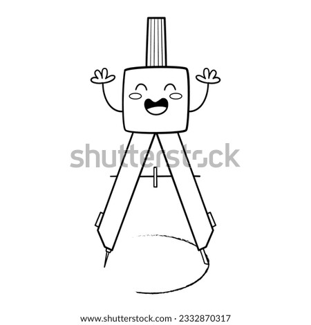 Illustration in black and white of a Kawaii style compass, drawing a circle with its arms raised, design for t-shirt, clipart